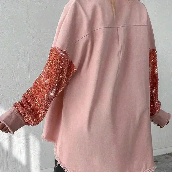 Baby Pink Party Women's Turn-Down Collar Contrast Sequin Raw Hem Button Shacket - Picture 2 of 5